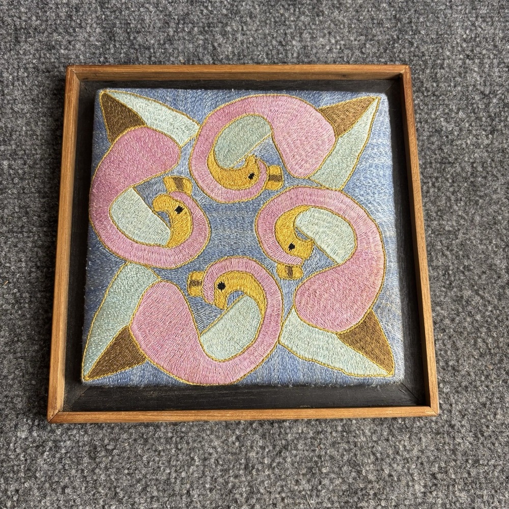 Vintage Embroidered Multicolored Birds Framed Folk Art